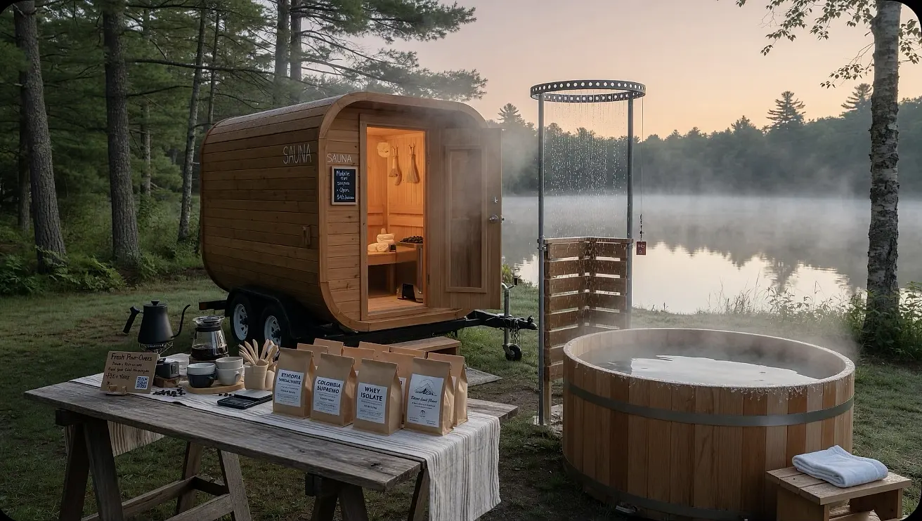 Steam rising from a sauna beside open water